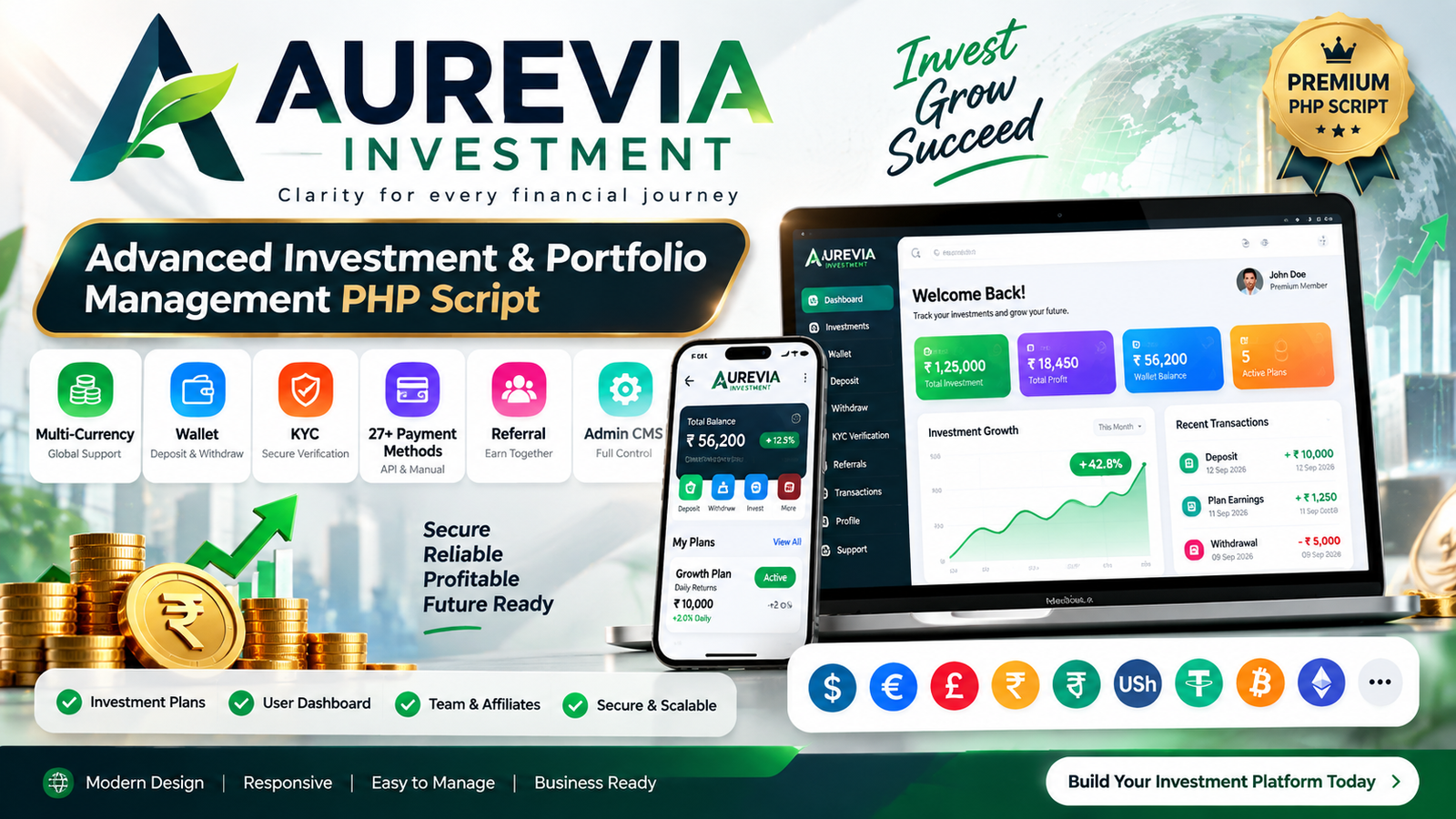 AUREVIA INVESTMENT – Advanced Investment Management PHP Script with Wallet, KYC, Multi-Currency, Referral & Admin CMS
